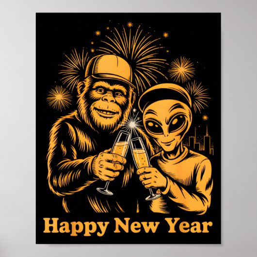 Happy New Year Bigfoot And Alien Sasquatch Firewor ポスター (正面)
