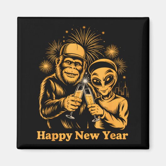 Happy New Year Bigfoot And Alien Sasquatch Firewor マグネット (正面)