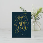 Happy New Year Blue金ゴールドスクリプトビジモダンネス 箔シーズンポストカード (立ち正面)