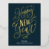 Happy New Year Blue金ゴールドスクリプトビジモダンネス 箔シーズンポストカード (正面)