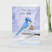 Happy New Year Blue Jay Holding a 2026 Wooden Sign カード (正面)