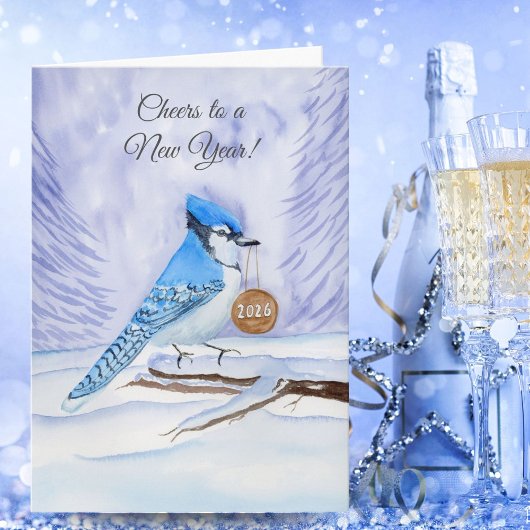 Happy New Year Blue Jay Holding a 2026 Wooden Sign カード