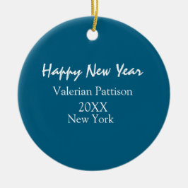 Happy new year blue name place year boho simple  セラミックオーナメント