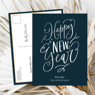 Happy New Year Blue Script モダン Non Photo シーズンポストカード
