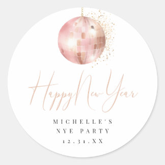 Happy New Year Blush Pink Rose Gold Disco Ball ラウンドシール