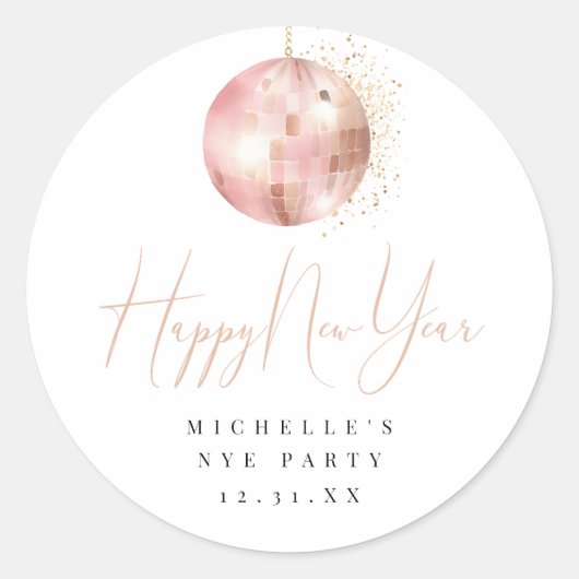 Happy New Year Blush Pink Rose Gold Disco Ball ラウンドシール (正面)