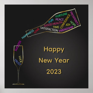 Happy New Year Bottle Glass Colorful Motivation ポスター