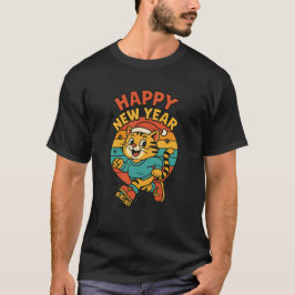 Happy New Year Cat - Cute 80s Cartoon Skating   Tシャツ