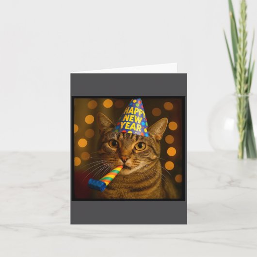 Happy New Year Cat Funny Party Hat Feline Meme Cel カード (正面)