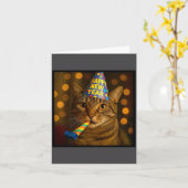 Happy New Year Cat Funny Party Hat Feline Meme Cel カード (黄色い花)