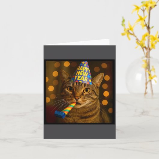 Happy New Year Cat Funny Party Hat Feline Meme Cel カード (黄色い花)