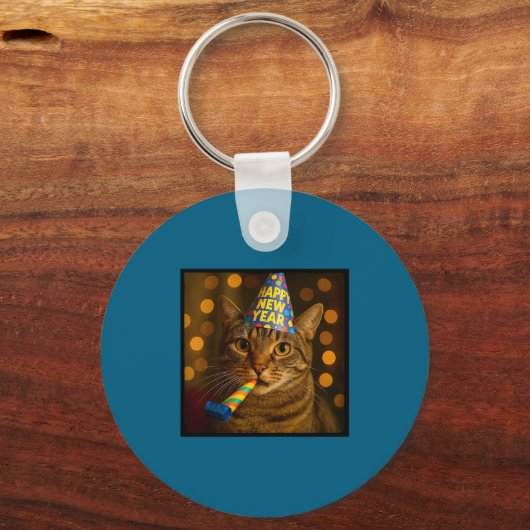 Happy New Year Cat Funny Party Hat Feline Meme Cel キーホルダー (正面)