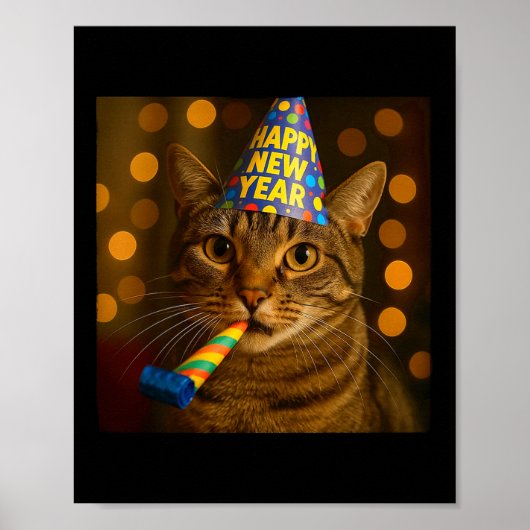 Happy New Year Cat Funny Party Hat Feline Meme Cel ポスター (正面)