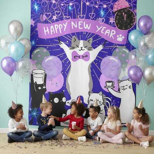 Happy New Year Cat Party Blue & Purple Backdrop タペストリー