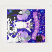Happy New Year Cat Party Blue & Purple Backdrop タペストリー (正面(横))