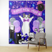 Happy New Year Cat Party Blue & Purple Backdrop タペストリー (インサイチュ)
