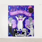 Happy New Year Cat Party Blue & Purple Backdrop タペストリー (正面)