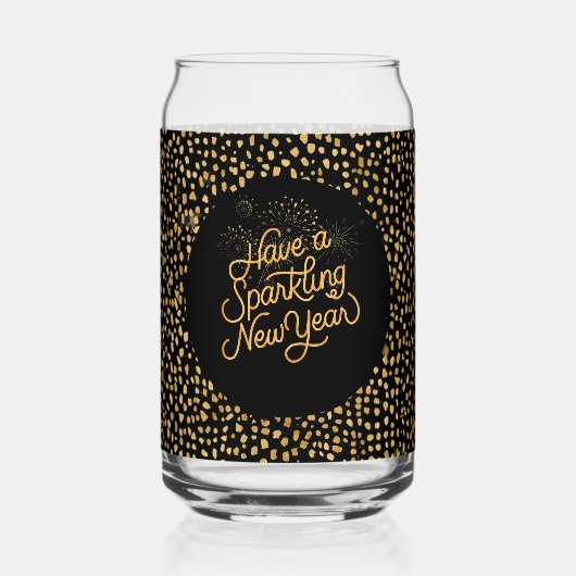 Happy New Year Celebrate,Gold Pixels Pattern,Black ガラス缶 (正面)