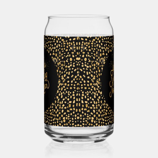 Happy New Year Celebrate,Gold Pixels Pattern,Black ガラス缶 (右)