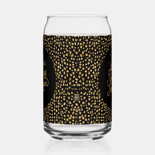 Happy New Year Celebrate,Gold Pixels Pattern,Black ガラス缶 (左)