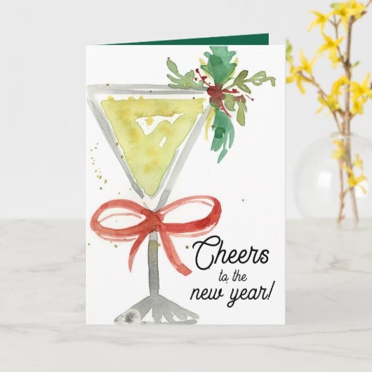 Happy New Year Cheers Martini Cocktail Glass カード (黄色い花)