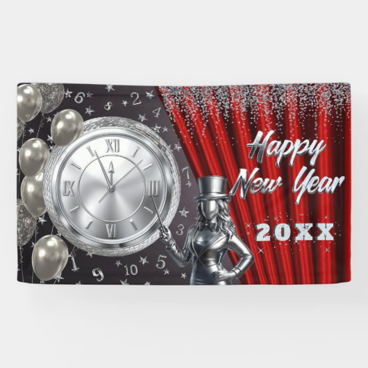 Happy New Year Countdown Silver and Red 横断幕 (横)