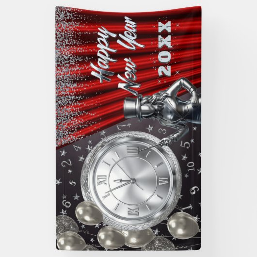 Happy New Year Countdown Silver and Red 横断幕 (縦)