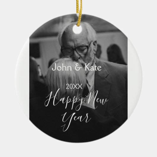 Happy new year couple photo name year black white  セラミックオーナメント (正面)