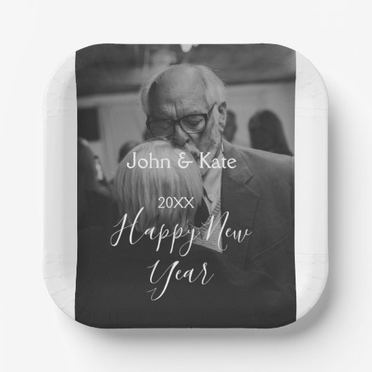 Happy new year couple photo name year black white  ペーパープレート (正面)