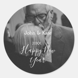 Happy new year couple photo name year black white ラウンドシール