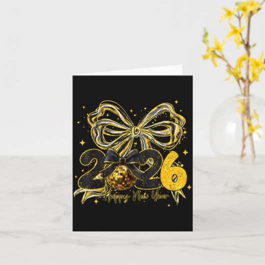Happy New Year Cute Gold Disco Ball Bow New Year's カード (黄色い花)