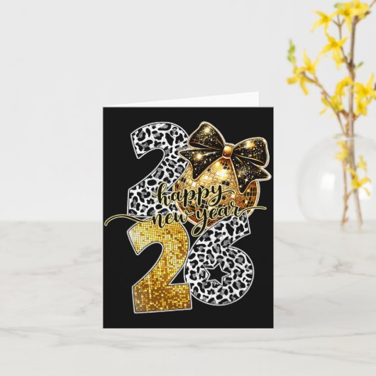 Happy New Year Cute Gold Disco Ball Bow New Year's カード (黄色い花)