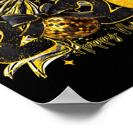 Happy New Year Cute Gold Disco Ball Bow New Year's ポスター (角)
