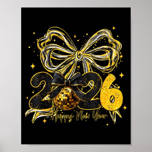 Happy New Year Cute Gold Disco Ball Bow New Year's ポスター (正面)