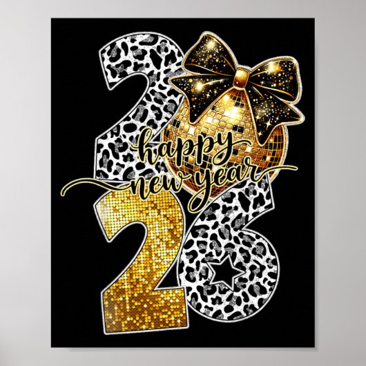 Happy New Year Cute Gold Disco Ball Bow New Year's ポスター (正面)