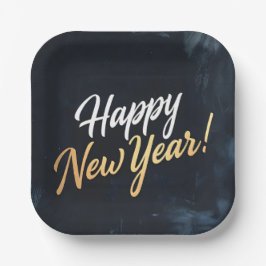 Happy New Year Deep Blue Strokes ペーパープレート