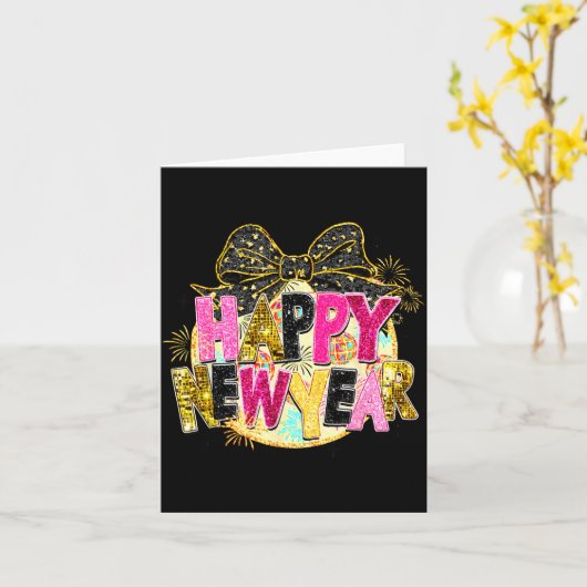 Happy New Year Disco Ball Coquette Bow New Years E カード (黄色い花)