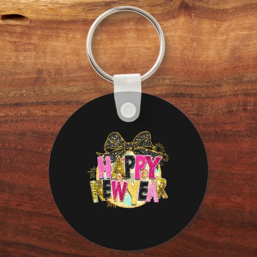 Happy New Year Disco Ball Coquette Bow New Years E キーホルダー (正面)