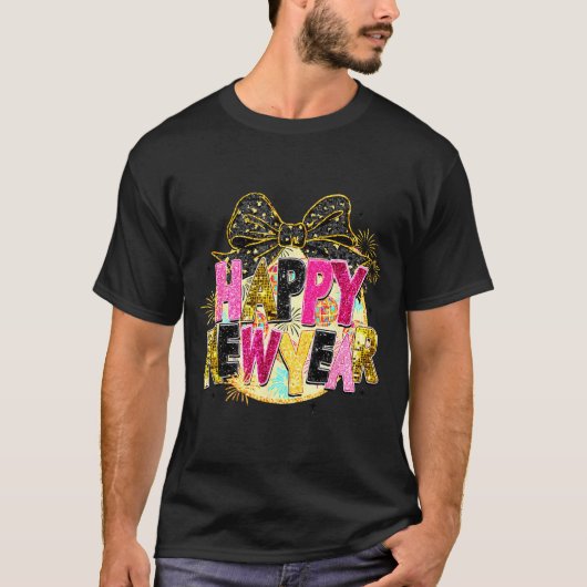 Happy New Year Disco Ball Coquette Bow New Years E Tシャツ (正面)