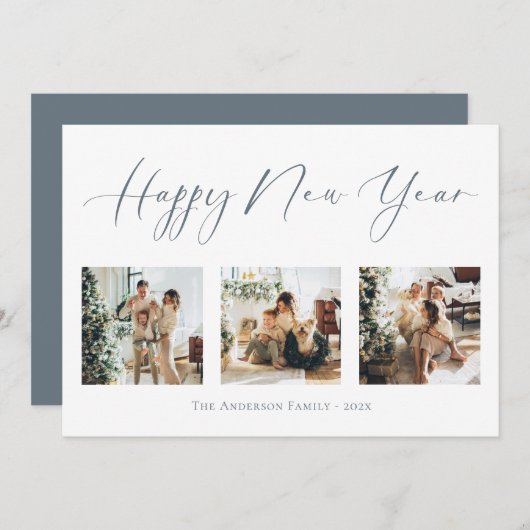 Happy New Year Dusty Blueフォトコラージュ数々の(Happy New Yea シーズンカード (正面/裏面)