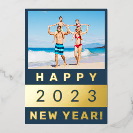 Happy New Year Family Photo in Blue and金ゴールド 箔シーズンカード