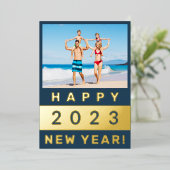 Happy New Year Family Photo in Blue and金ゴールド 箔シーズンカード (立ち正面)