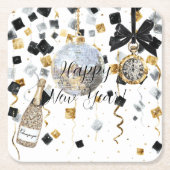 Happy New Year Fireworks Ball Black Gold Confetti スクエアペーパーコースター (正面)