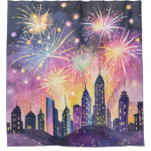 Happy New Year | Fireworks City Night Watercolor シャワーカーテン (正面)