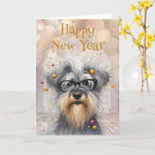 Happy New Year Funny Shaggy Dog カード (黄色い花)