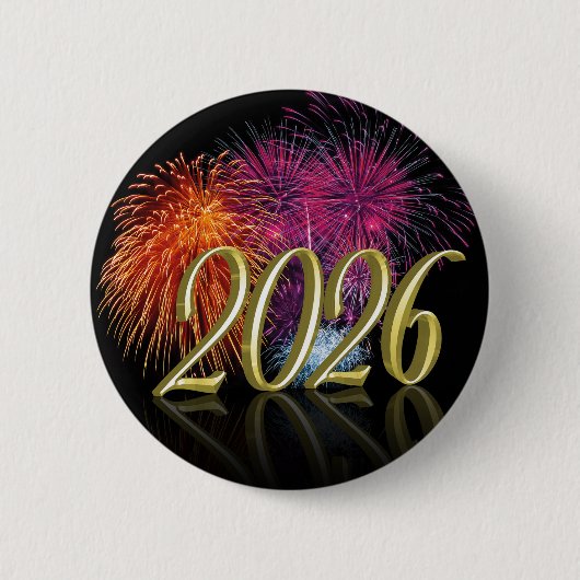Happy New Year Gold 2026 Fireworks Button 缶バッジ (正面)
