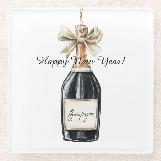 Happy New Year Gold Black Champagne Bottle ガラスコースター (正面)