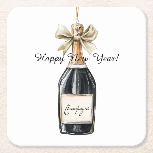 Happy New Year Gold Black Champagne Bottle スクエアペーパーコースター (正面)