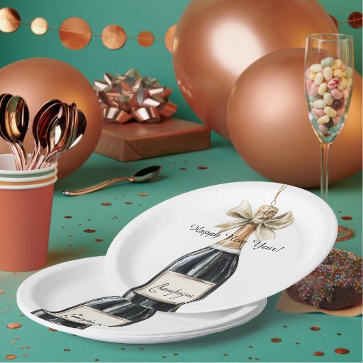 Happy New Year Gold Black Champagne Bottle ペーパープレート (複数)