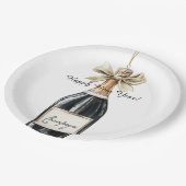 Happy New Year Gold Black Champagne Bottle ペーパープレート (アングル)